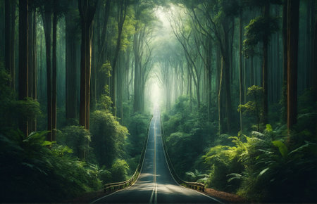 a narrow road meandering through dense forest treesの素材