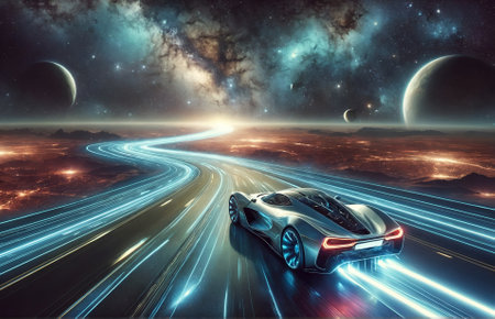 a road in space, where a sleek sports car glides alongの素材