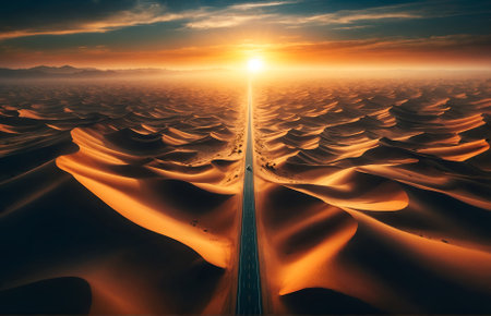 a solitary road winding through the vast sands of the desertの素材