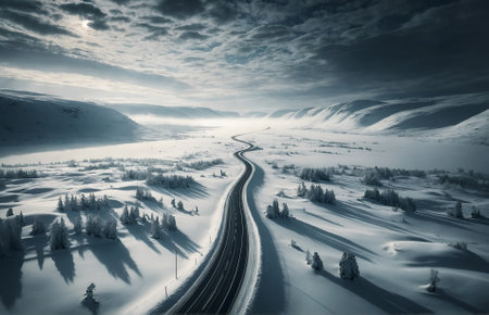 a road slicing through a pristine snow-covered landscapeの素材