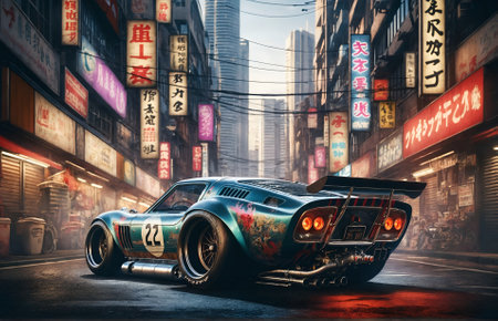 an old sports car enhanced with youthful additions and a massive engineの素材