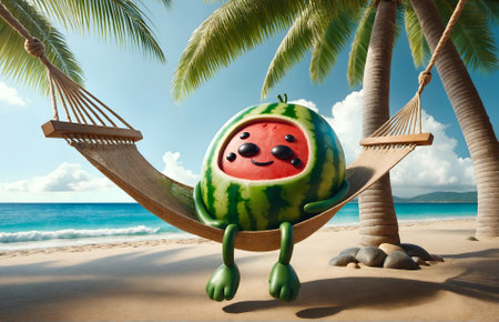 a watermelon character lounging on a hammock on the beachの素材