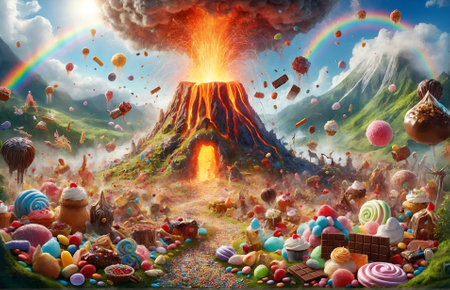 a volcano erupting with sweets instead of lavaの素材