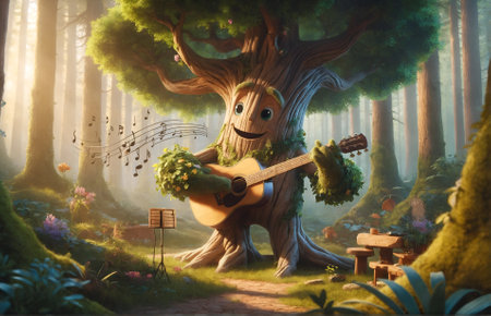 a friendly tree character playing the guitarの素材