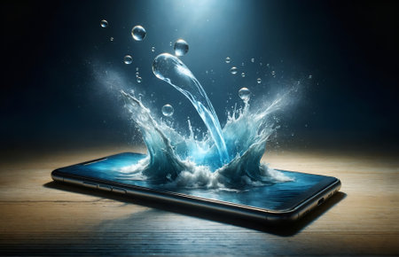 a smartphone with a splash of water emerging from its screenの素材