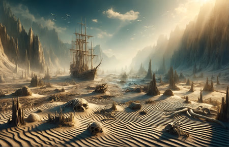 a fantasy scene depicting the seabed completely dryの素材