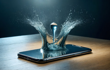 a smartphone with a splash of water emerging from its screenの素材