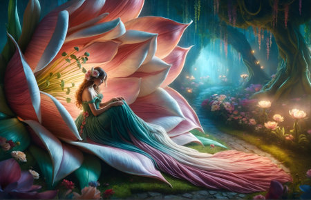 a woman sitting gracefully inside a giant flowerの素材