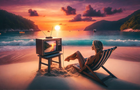 a woman sitting on a beach chair, watching TVの素材