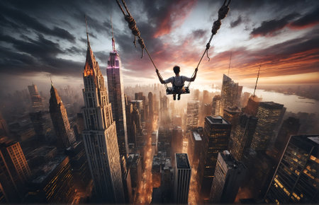 A person is swinging on a swing suspended in the sky with a view of a skyscrapersの素材
