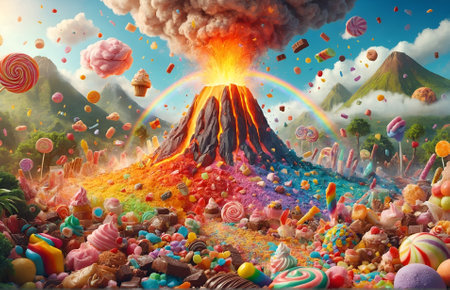a volcano erupting with sweets instead of lavaの素材