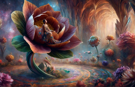 a woman sitting gracefully inside a giant flowerの素材