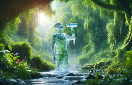 a human figure made entirely of water, drinking from a water bottleの素材