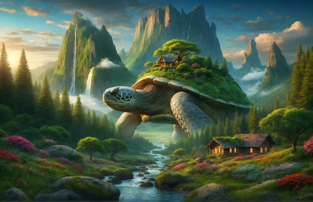 a giant turtle carrying a mountain with a small wooden cabin on topの素材