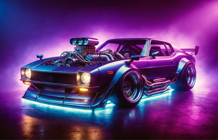 an old sports car enhanced with youthful additions and a massive engineの素材