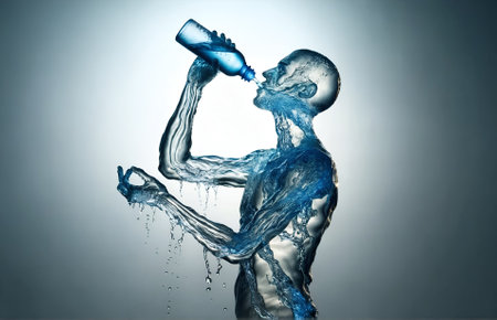 a human figure made entirely of water, drinking from a water bottleの素材