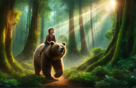 a child riding on the back of a bear in the forest, enjoying the adventureの素材
