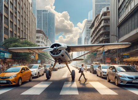 a small airplane strolling down a city street among carsの素材