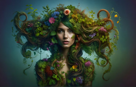 a woman whose hair is made entirely of plantsの素材