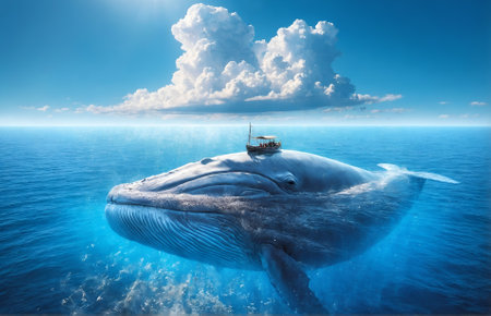 a small boat resting on the back of a gigantic whaleの素材