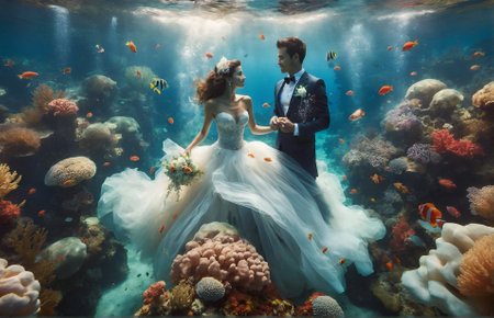 newlyweds celebrating their union underwaterの素材