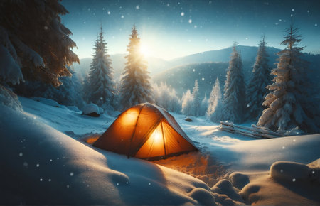 a cozy tent set amidst a snow-covered landscapeの素材