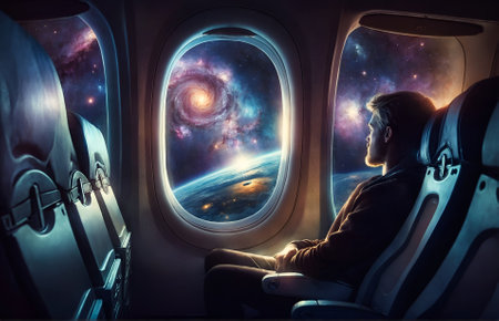 a traveler looking out of an airplane window to see the vast expanse of spaceの素材