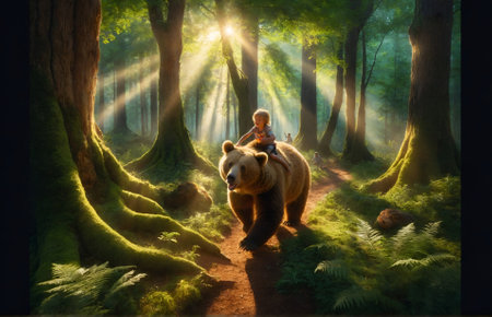 a child riding on the back of a bear in the forest, enjoying the adventureの素材