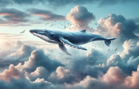 a whale flying through the skyの素材