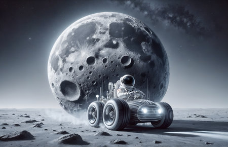 an astronaut driving a car shaped like the moonの素材