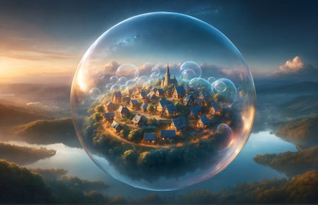a bubble containing a beautiful villageの素材