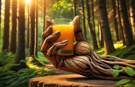 a hand made from a tree trunk holding a glass of fresh orange juiceの素材