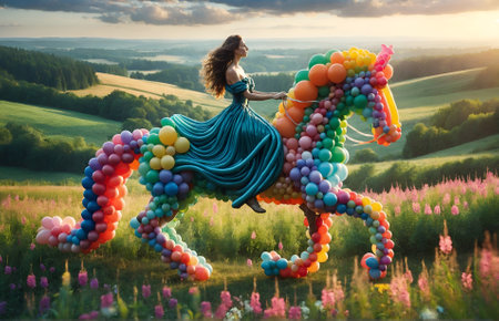 a woman riding a horse made entirely of colorful balloonsの素材