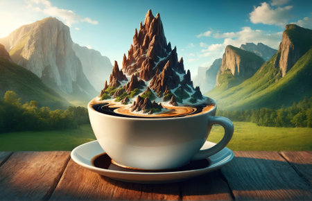 a coffee cup containing a miniature rocky mountainの素材