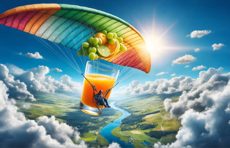a natural juice drink suspended from a colorful hang glider, soaring high in the skyの素材