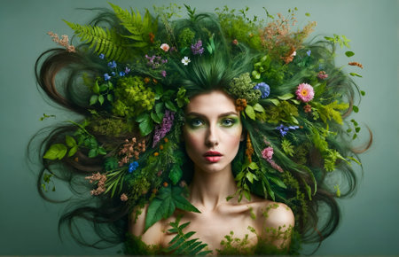 a woman whose hair is made entirely of plantsの素材