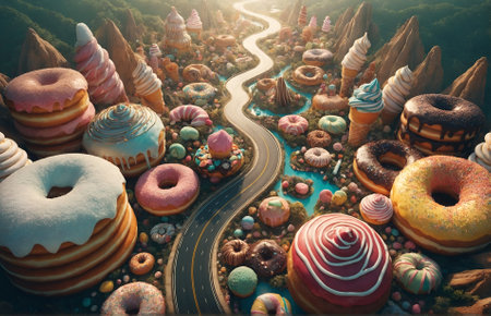 a road flanked by gigantic donuts and sweetsの素材