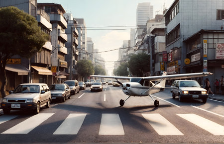 a small airplane strolling down a city street among carsの素材