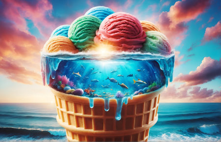 a gigantic ice cream cone containing an ocean sceneの素材