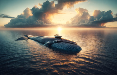 a small boat resting on the back of a gigantic whaleの素材