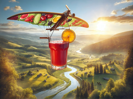 a natural juice drink suspended from a colorful hang glider, soaring high in the skyの素材
