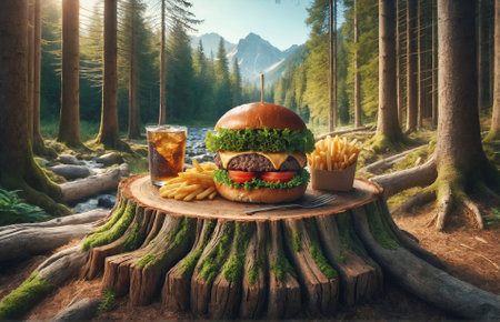 a gourmet burger meal set upon half of a tree trunk in the midst of natureの素材