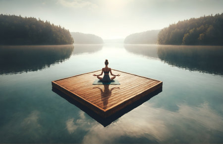 a woman practicing yoga on a wooden board floating on waterの素材