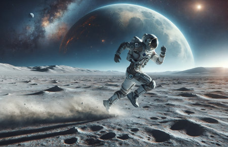 a runner sprinting on the moon's surfaceの素材