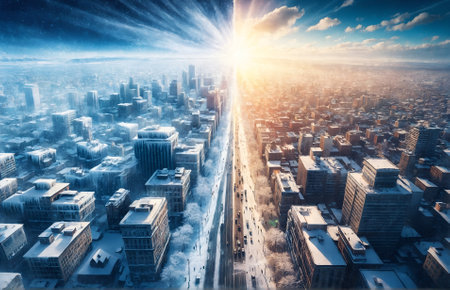 a city divided between a frozen winter half and a sunlitの素材