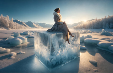 a woman sitting on a giant ice cubeの素材
