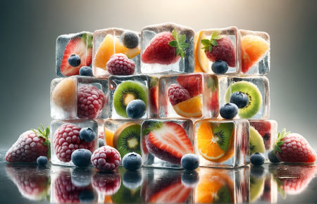 a collection of ice cubes with different types of fruit insideの素材
