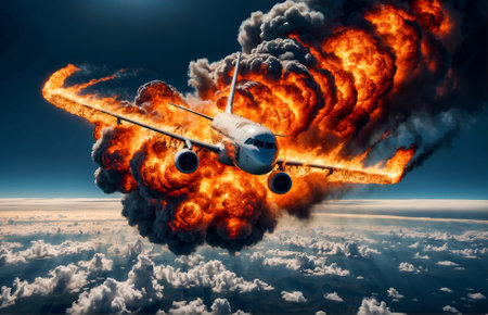 an airplane engulfed in flamesの素材