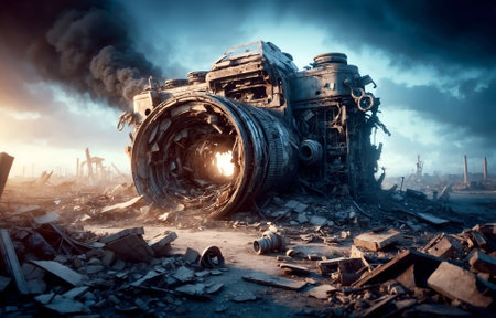 a giant camera shattered amid the chaos of war and destructionの素材