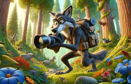 A wolf taking pictures with a cameraの素材